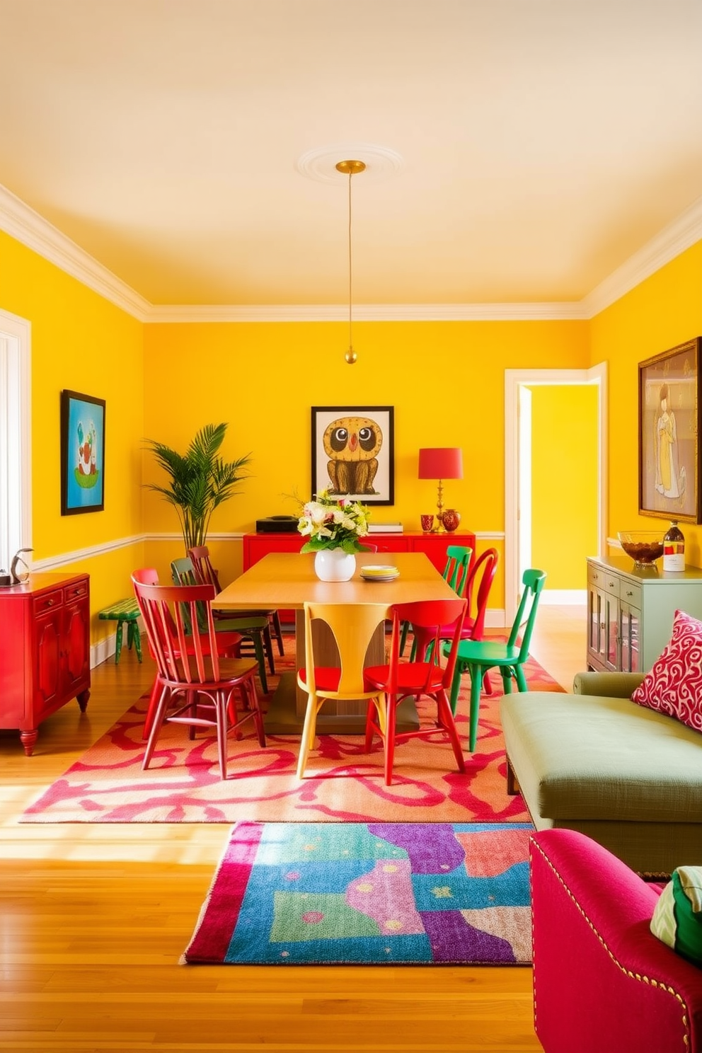 A bright and cheerful L-shaped dining room filled with vibrant colors. The walls are painted in a sunny yellow, and the furniture features a mix of bold reds and greens, creating an inviting atmosphere. A large rectangular dining table is positioned in the corner, surrounded by mismatched chairs in various hues. A colorful area rug anchors the space, while playful artwork adorns the walls, adding to the lively ambiance.