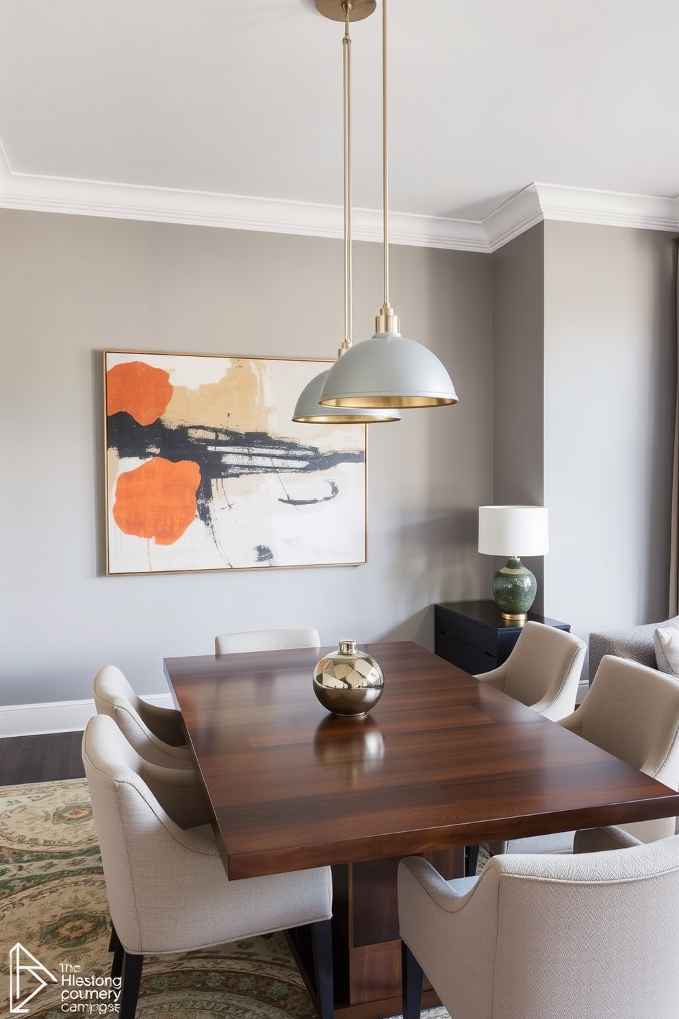 A modern L-shaped dining room features sleek pendant lights hanging above a polished wooden table surrounded by stylish upholstered chairs. The walls are painted in a soft gray, complemented by a large abstract artwork that adds a pop of color to the space.