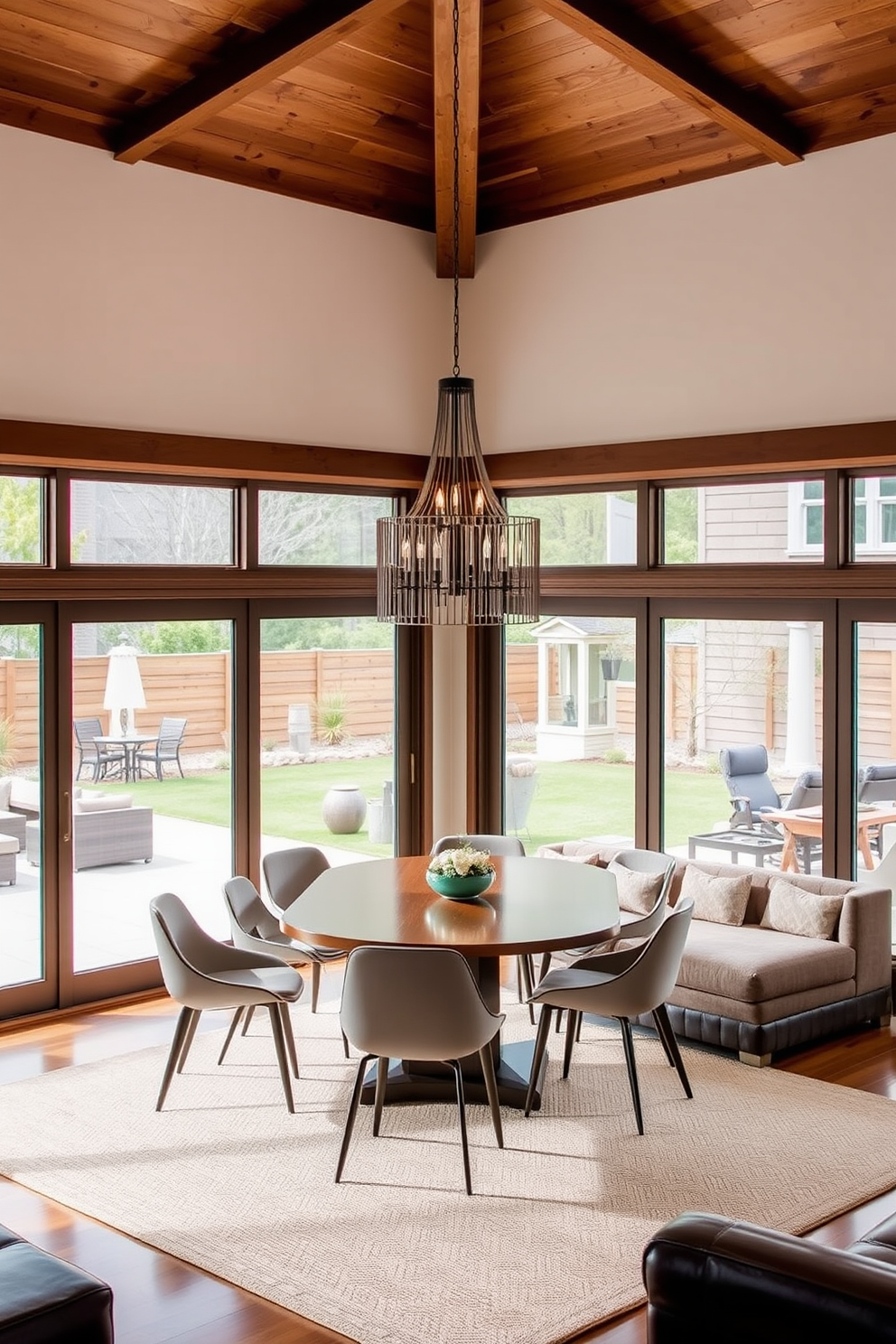 A spacious L-shaped dining room features large sliding doors that seamlessly connect the indoor space to the outdoor patio. The dining table is surrounded by modern chairs, and a stylish chandelier hangs above, providing an inviting atmosphere for gatherings.