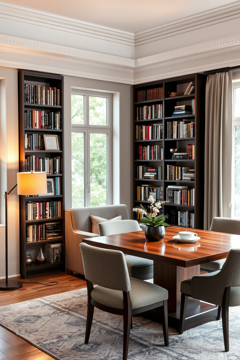 A transitional dining room features a blend of traditional and contemporary elements creating a harmonious space. The L-shaped layout includes a large wooden dining table surrounded by upholstered chairs in neutral tones, complemented by a stylish sideboard against the wall. Natural light floods the room through large windows adorned with sheer curtains, enhancing the inviting atmosphere. A statement chandelier hangs above the table, while decorative accents like a colorful centerpiece and artwork add personality to the space.