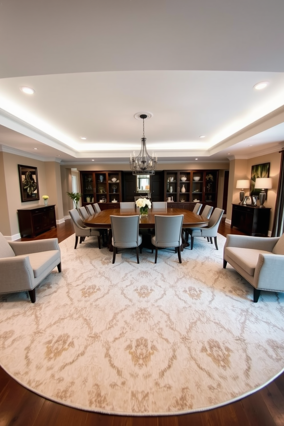 A spacious L-shaped dining room designed for gatherings. The centerpiece is a large wooden table surrounded by elegant upholstered chairs, creating an inviting atmosphere for family and friends. The walls are painted in a warm neutral tone, complemented by soft ambient lighting from stylish pendant fixtures. A large area rug anchors the space, adding texture and warmth beneath the table.