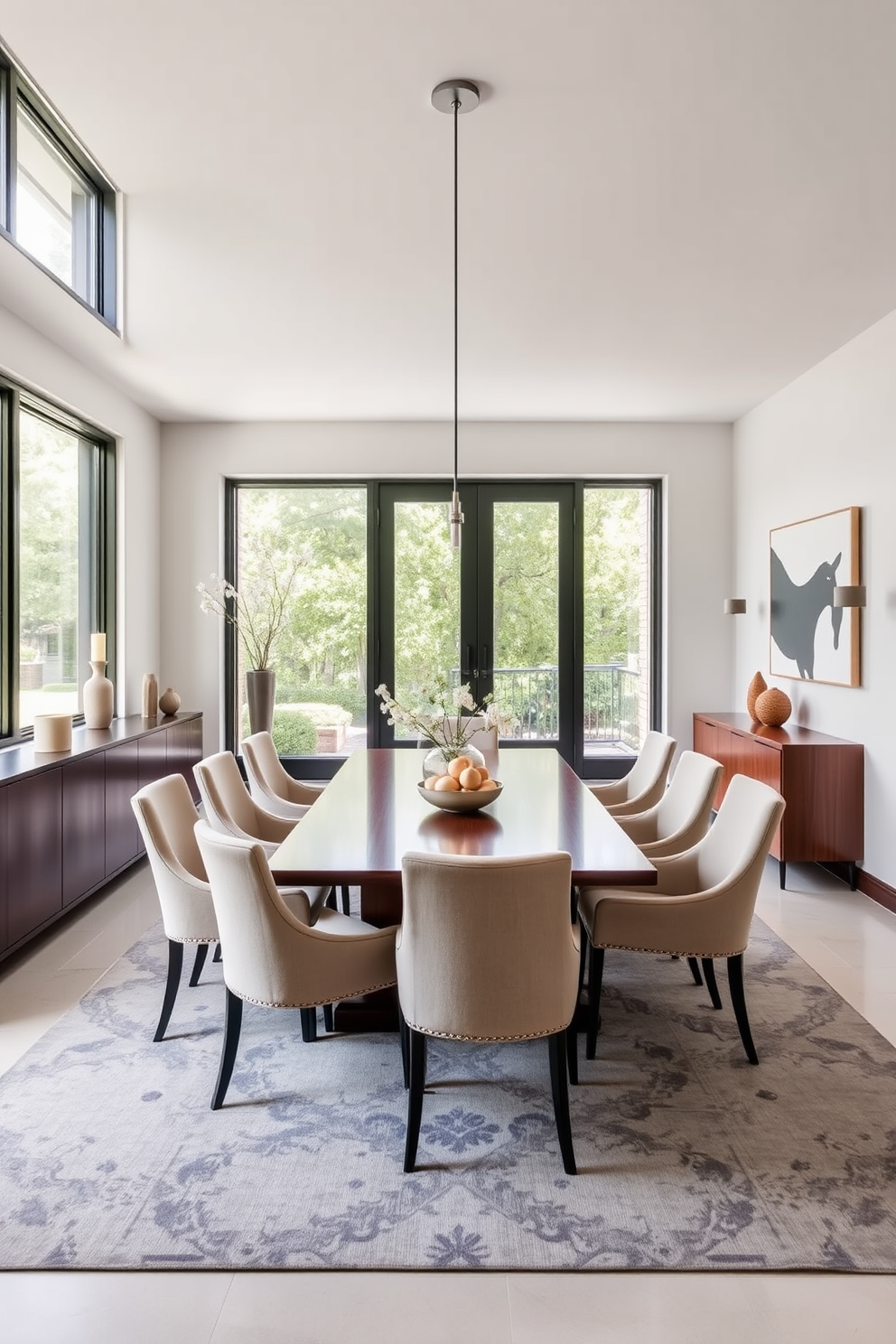 A stylish L-shaped dining room featuring a sleek sideboard for ample storage. The dining table is surrounded by elegant upholstered chairs, with large windows allowing natural light to fill the space.