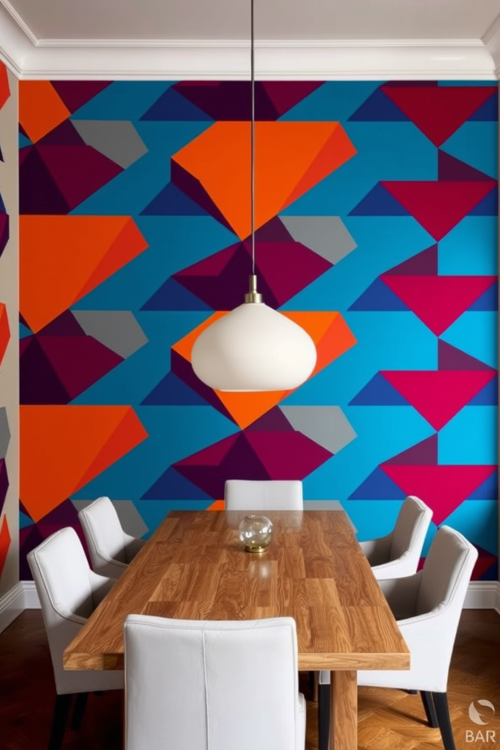 A striking accent wall is adorned with bold geometric wallpaper in vibrant colors that create a focal point in the room. The surrounding walls are painted in a soft neutral tone to balance the intensity of the wallpaper. The L-shaped dining room features a modern wooden table surrounded by sleek upholstered chairs that complement the bold wallpaper. A stylish pendant light hangs above the table, casting a warm glow and enhancing the inviting atmosphere of the space.