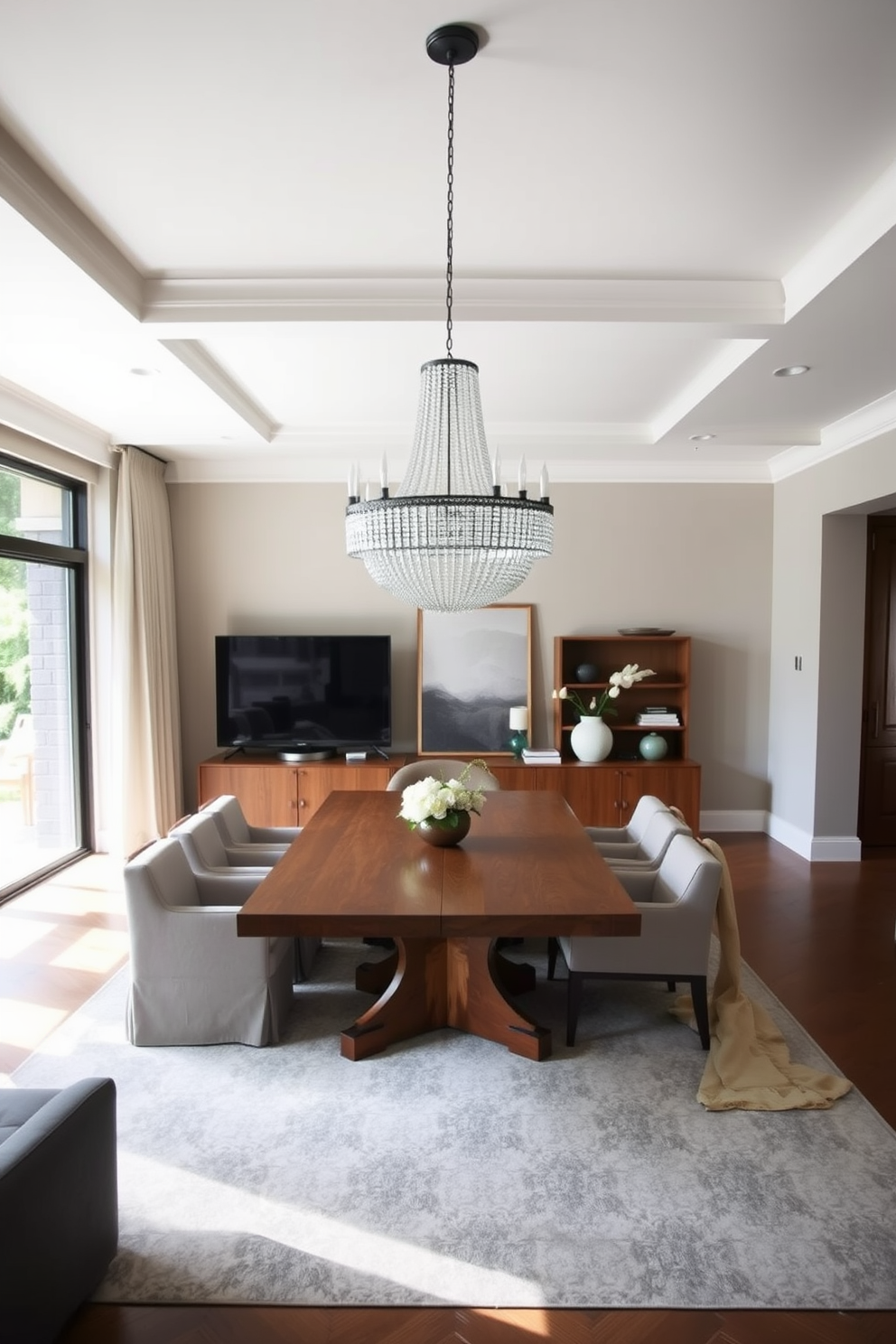 A stylish L-shaped dining room with a large wooden table at the center. Above the table hangs a statement chandelier that adds a touch of elegance to the space.