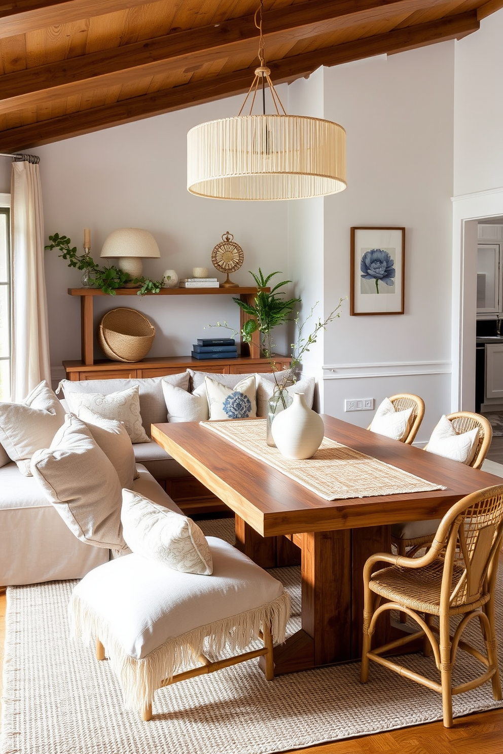 A stylish L-shaped dining room features a stunning buffet as the statement piece, crafted from rich mahogany with intricate carvings. The dining table, positioned adjacent to the buffet, is set with elegant tableware and surrounded by plush upholstered chairs in a complementary color. Large windows allow natural light to flood the space, highlighting the warm tones of the wooden flooring. Soft drapes frame the windows, adding a touch of sophistication while maintaining an inviting atmosphere.