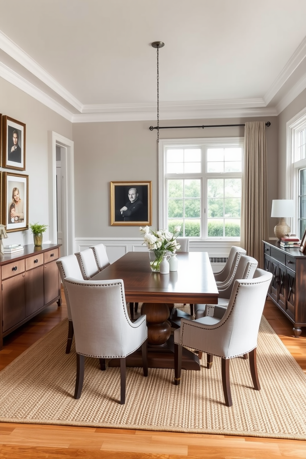 An inviting L-shaped dining room features a large wooden dining table surrounded by upholstered chairs in soft neutral tones. On the walls, personal artwork and family photos are displayed in elegant frames, adding warmth and character to the space. Natural light floods the room through large windows, illuminating the rich textures of a woven area rug beneath the table. A stylish sideboard against one wall holds decorative items and additional personal touches, creating a harmonious and welcoming atmosphere.