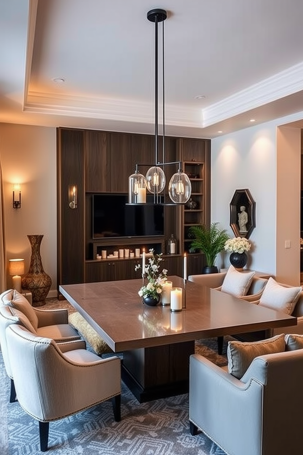 An elegant chandelier hangs gracefully above the dining area illuminating the space with a warm glow. The L-shaped dining room features a sleek wooden table surrounded by plush upholstered chairs, creating an inviting atmosphere for gatherings.