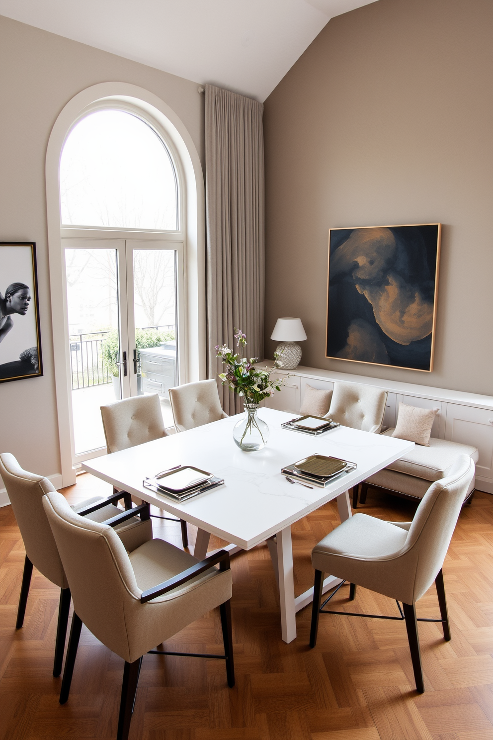 A serene coastal-themed dining room with large windows allowing natural light to flood the space. Soft blue and sandy beige hues dominate the decor, complemented by light wooden furniture and nautical-inspired accents. An L-shaped dining area featuring a rustic wooden table surrounded by comfortable upholstered chairs. The walls are adorned with coastal artwork, and a centerpiece of seashells and driftwood adds an inviting touch.