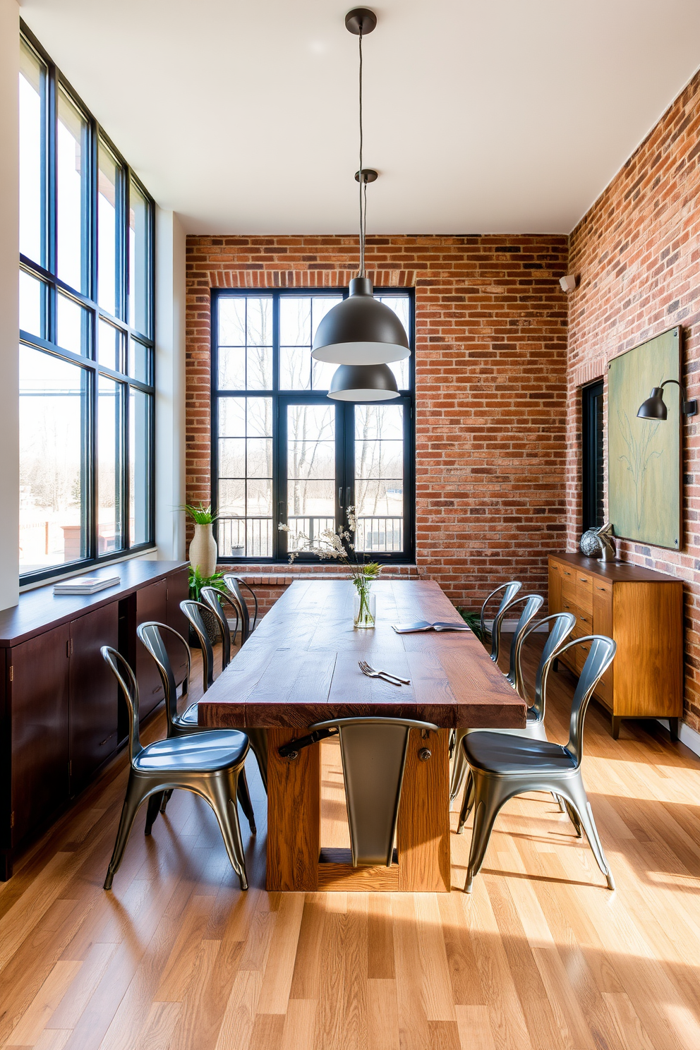 A modern L-shaped dining room featuring a round table at its center to enhance flow and encourage conversation. The space is adorned with stylish chairs that complement the table, while large windows allow natural light to illuminate the room.