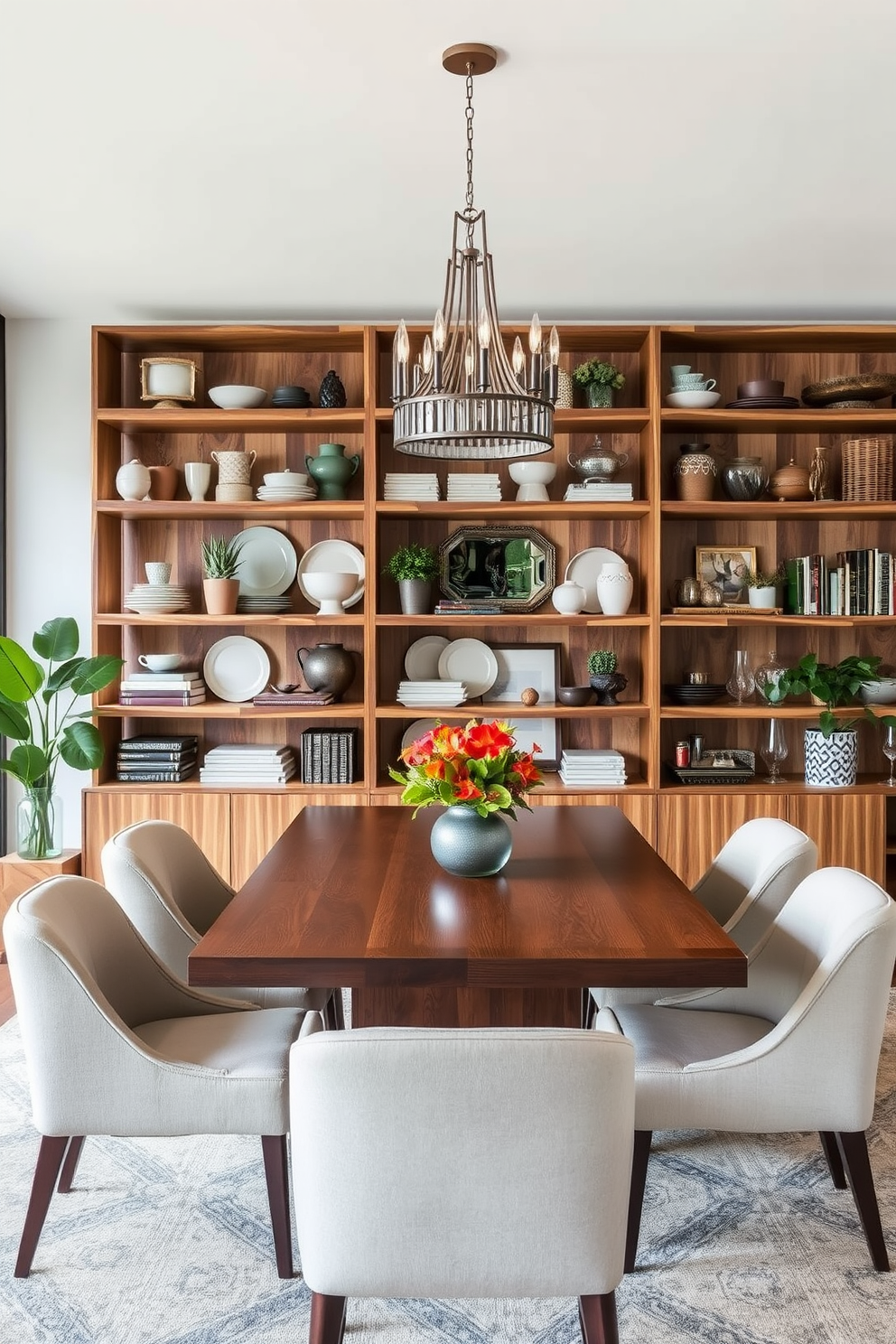 A contemporary L-shaped dining room features a stylish sideboard made of dark wood, positioned against the wall for optimal storage. The sideboard is adorned with decorative objects and a large mirror above it, reflecting the light from the elegant pendant chandelier overhead. The dining area includes a sleek glass table surrounded by upholstered chairs in a neutral color palette. Large windows allow natural light to flood the space, highlighting the warm wooden flooring and the subtle artwork on the walls.