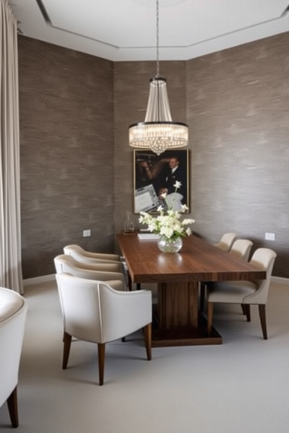 A textured wall adds depth and interest to an L-shaped dining room. The space features a large wooden dining table surrounded by upholstered chairs, with a statement chandelier hanging above.