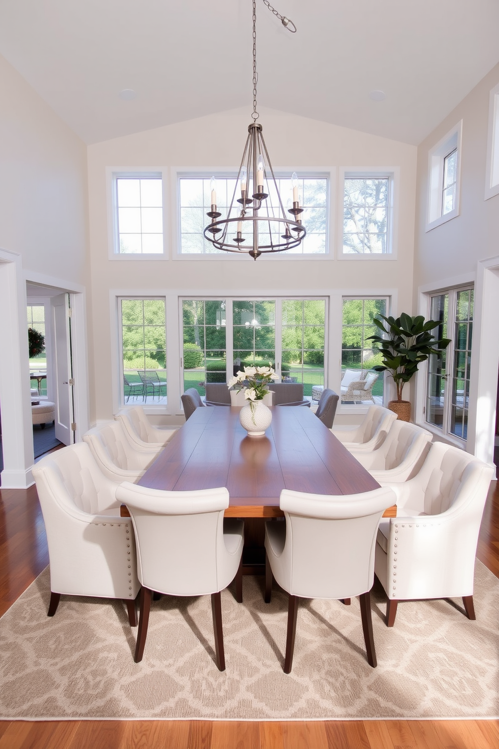 Layered lighting creates a warm and inviting ambiance in an L-shaped dining room. Soft pendant lights hang above the dining table, complemented by wall sconces that provide additional illumination and enhance the cozy atmosphere. The dining area features a sleek wooden table surrounded by upholstered chairs in a neutral tone. Large windows allow natural light to flood the space, while sheer curtains add an element of softness and elegance.