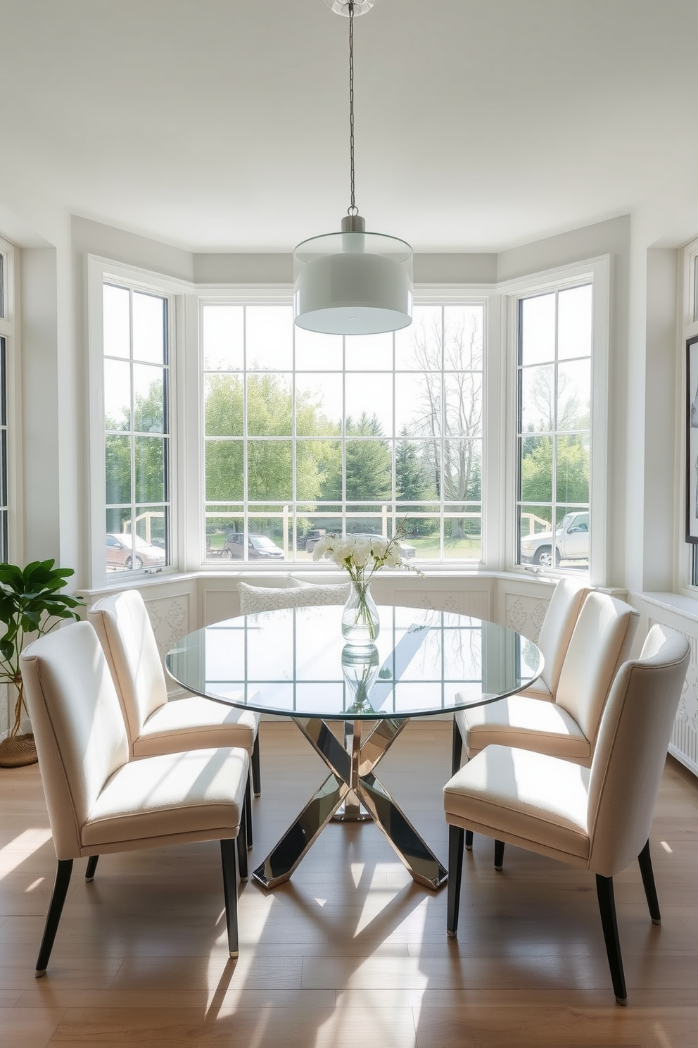 A bright and airy dining room features a sleek glass dining table surrounded by modern upholstered chairs in soft pastel colors. Large windows allow natural light to flood the space, enhancing the open feel and highlighting the elegant decor. The L-shaped design creates a cozy nook perfect for intimate gatherings. A stylish pendant light hangs above the table, adding a touch of sophistication to the overall ambiance.