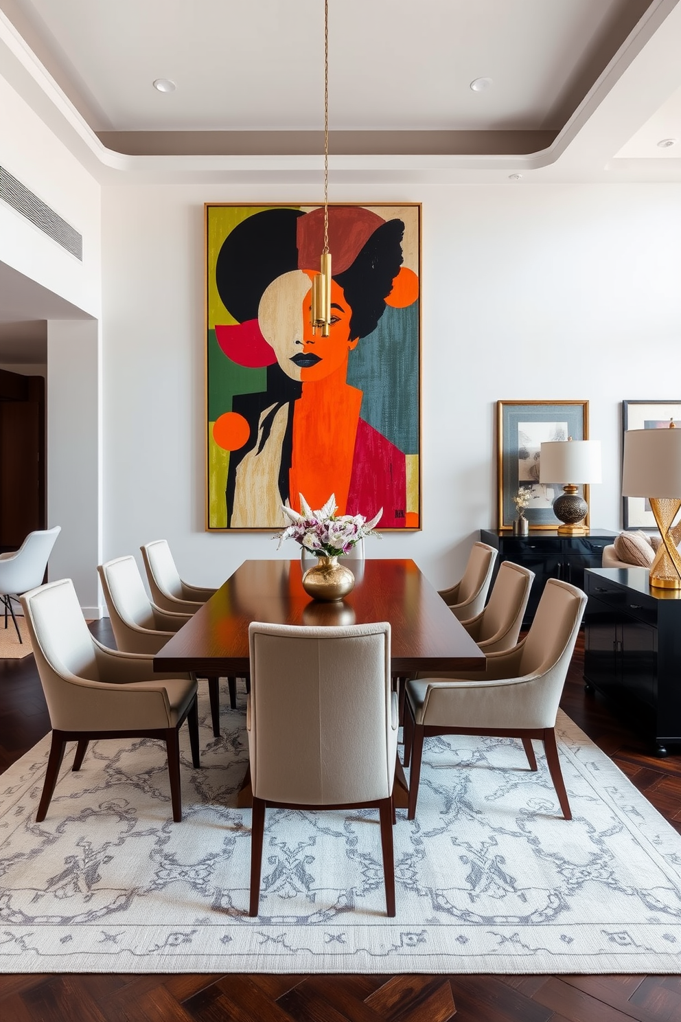 A stylish L-shaped dining room featuring a large wooden table surrounded by elegant upholstered chairs. The walls are adorned with bold artwork that serves as a striking focal point, drawing attention and adding vibrancy to the space.