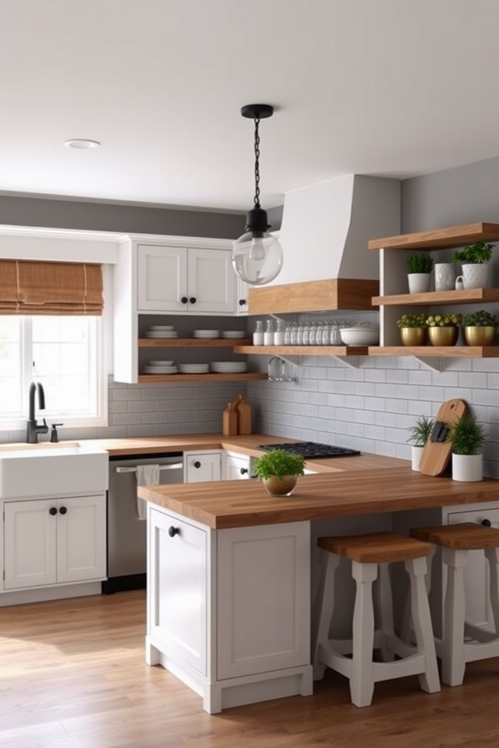 A modern L-shaped kitchen featuring open shelving for easy access storage. The shelves are filled with neatly arranged dishes and kitchenware, creating an inviting and functional space.