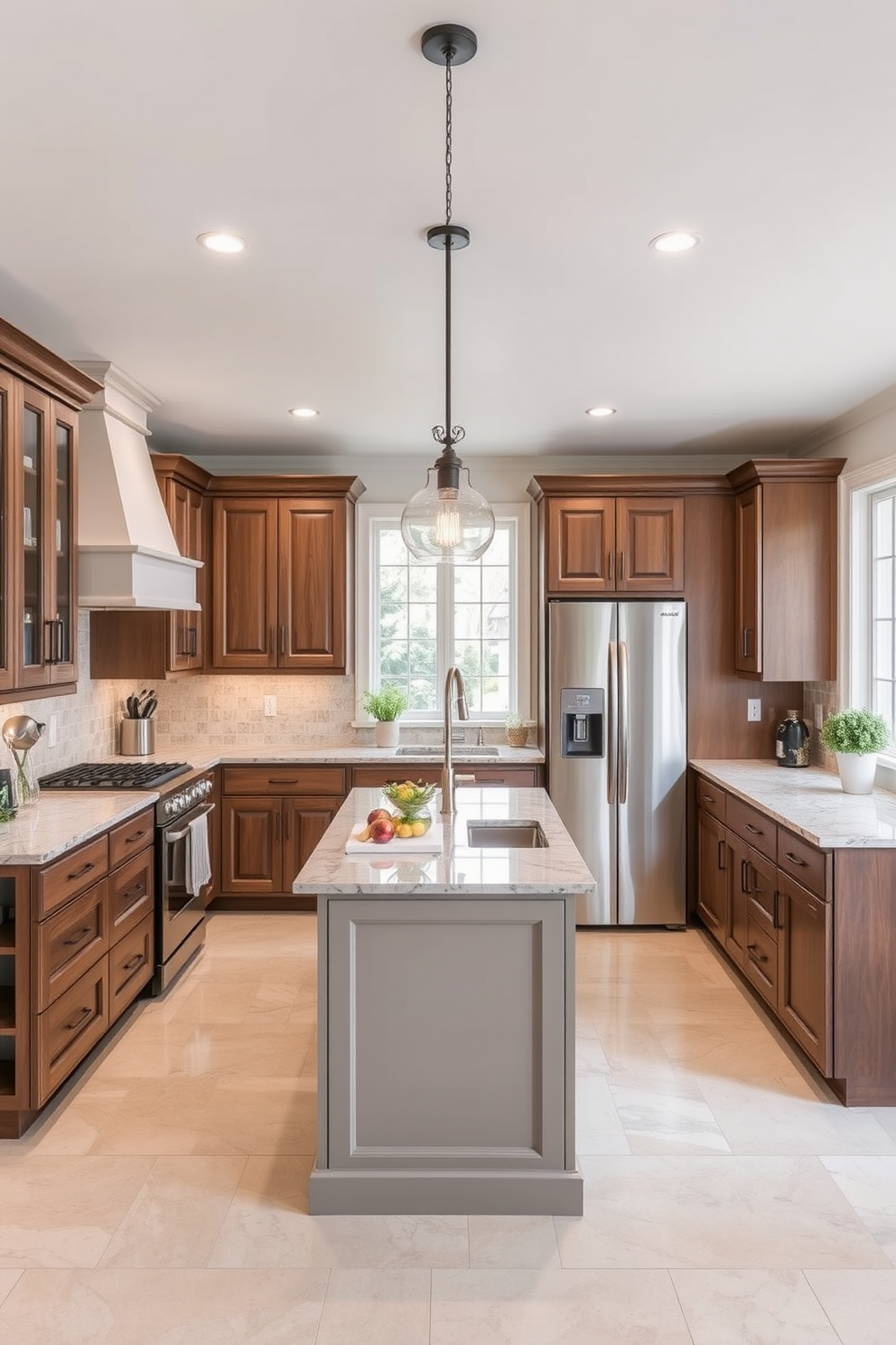 A sleek and modern L-shaped kitchen features vertical storage solutions that maximize space. Tall cabinets line the walls, with open shelving above to display stylish dishware and decorative items. The kitchen island serves as a functional workspace with additional storage underneath. Bright pendant lights hang above the island, illuminating the space and creating a warm ambiance.