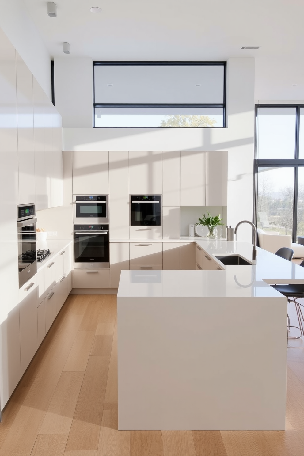 A modern L-shaped kitchen featuring integrated appliances for a seamless look. The cabinetry is sleek and minimalist with a matte finish, and the countertops are made of polished quartz in a soft white hue. The kitchen island serves as both a cooking area and a casual dining spot with stylish bar stools. Large windows allow natural light to flood the space, highlighting the elegant design and creating an inviting atmosphere.