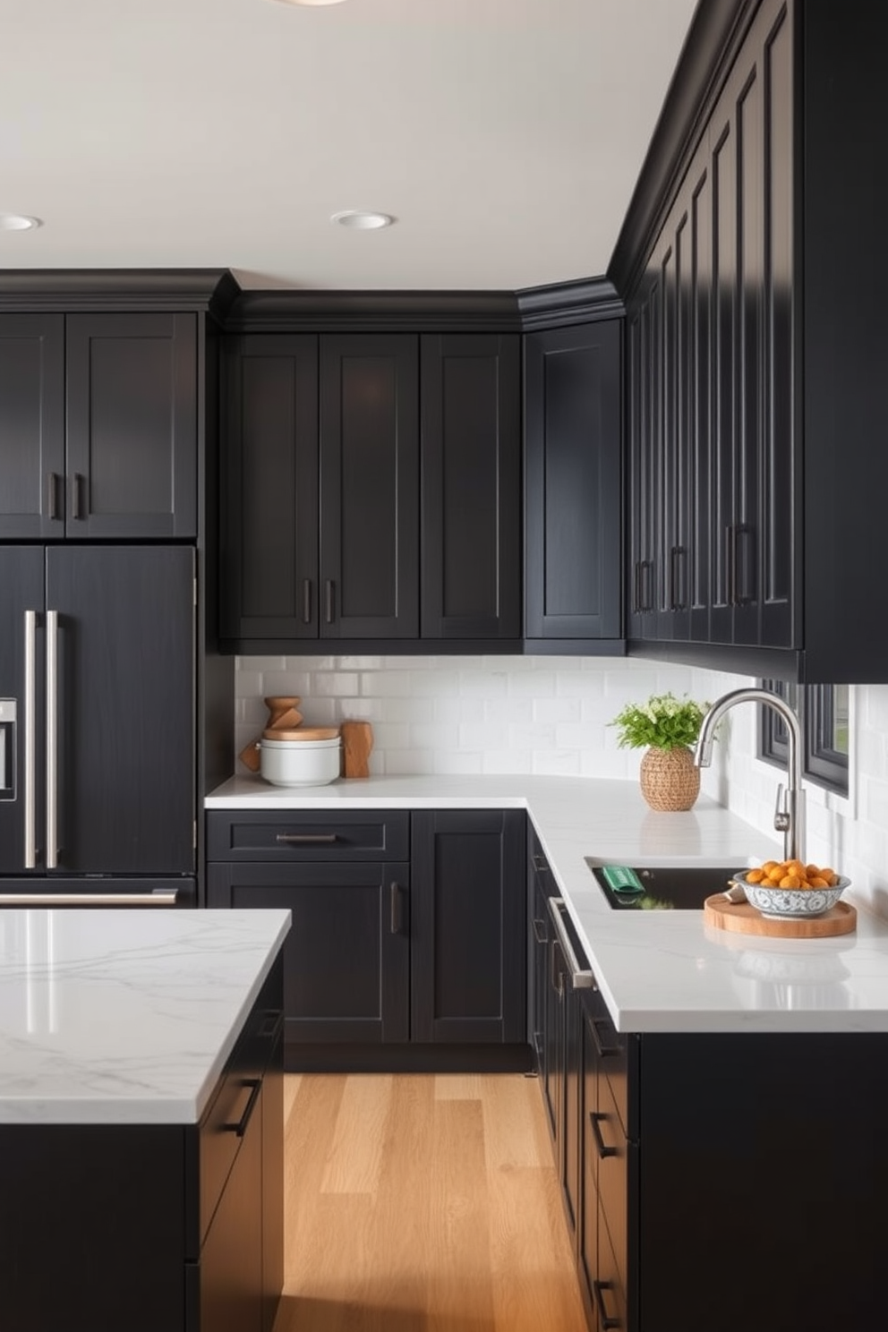 Dark cabinetry with light countertops creates a striking contrast in this L-shaped kitchen design. The sleek lines of the cabinetry complement the bright, airy feel of the light countertops, enhancing the overall aesthetic.