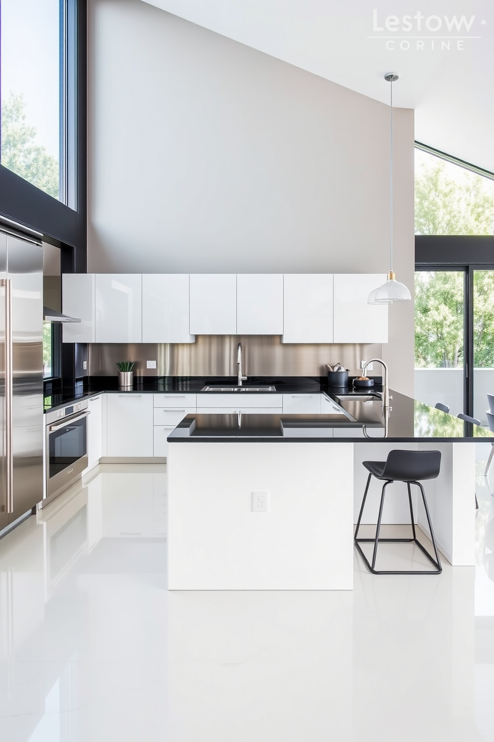 A contemporary L-shaped kitchen featuring sleek stainless steel finishes that enhance the modern aesthetic. The cabinetry is minimalist with a glossy white finish, and the countertops are a striking black granite that contrasts beautifully with the stainless elements. The kitchen island is spacious and doubles as a breakfast bar with stylish stools. Large windows allow natural light to flood the space, highlighting the open layout and creating an inviting atmosphere.