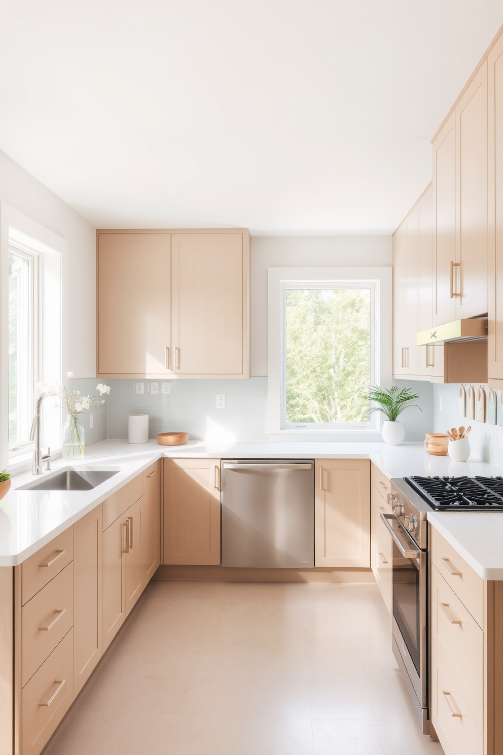 A serene L-shaped kitchen with a neutral color palette that promotes a calming effect. The cabinetry features soft beige tones, complemented by a light gray backsplash and white quartz countertops. Natural light floods the space through large windows, illuminating the open layout. Sleek stainless steel appliances and minimalist decor enhance the modern aesthetic while maintaining warmth.