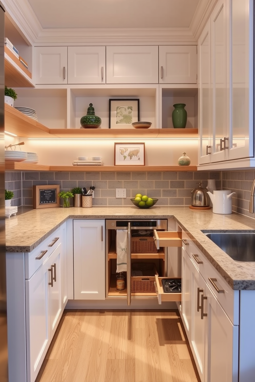 A contemporary L-shaped kitchen featuring two-tone cabinetry that adds depth and dimension. The upper cabinets are a soft white while the lower cabinets are a rich navy blue, creating a striking contrast.