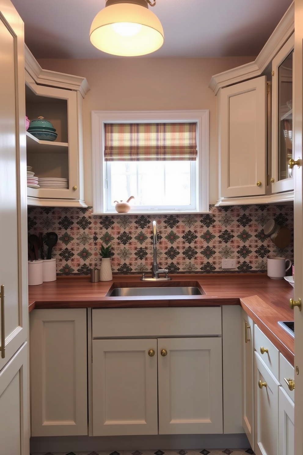 A charming L-shaped kitchen featuring vintage tiles that evoke a retro vibe. The cabinets are painted in a soft pastel color, complemented by brass hardware and open shelving displaying colorful dishware. The backsplash is adorned with intricate vintage tiles, creating a focal point that adds character to the space. Natural light floods in through a window above the sink, illuminating the warm wooden countertops and inviting atmosphere.