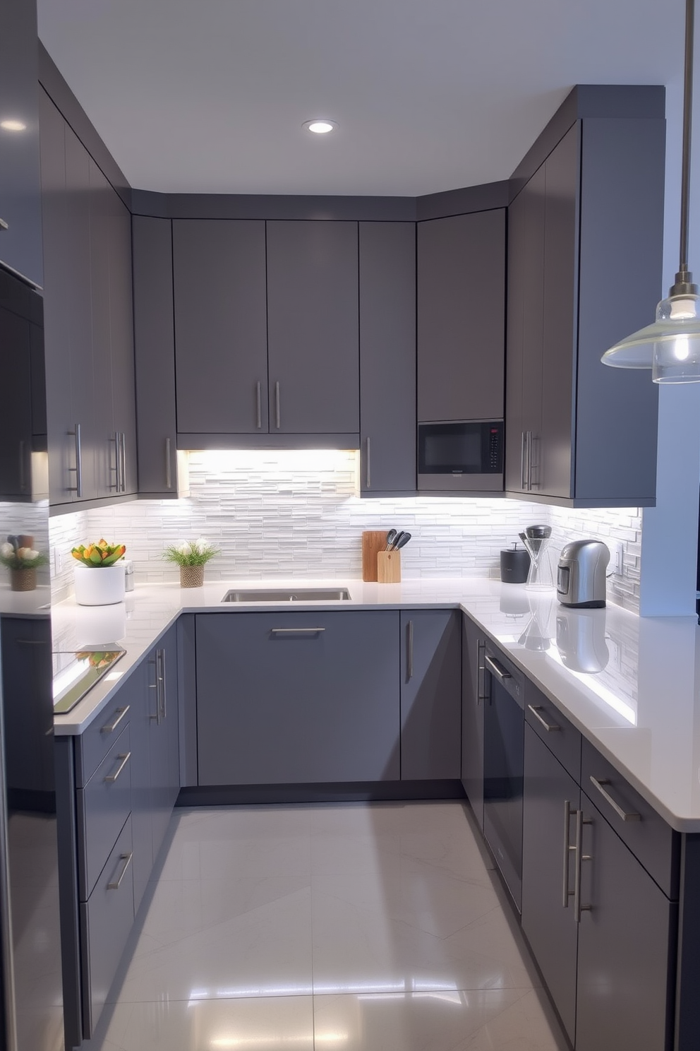 A modern L-shaped kitchen featuring sleek cabinetry with under-cabinet lighting that creates a warm and inviting ambiance. The countertops are made of polished quartz, and the backsplash is a stylish subway tile that complements the overall design.