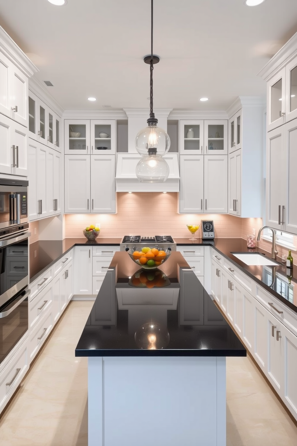 Bright white cabinets line the walls of the L-shaped kitchen, providing a clean and modern aesthetic. Dark countertops contrast beautifully with the cabinetry, creating a striking visual appeal. A large island sits at the center, featuring additional seating for casual dining. Pendant lights hang above the island, adding warmth and illumination to the space.