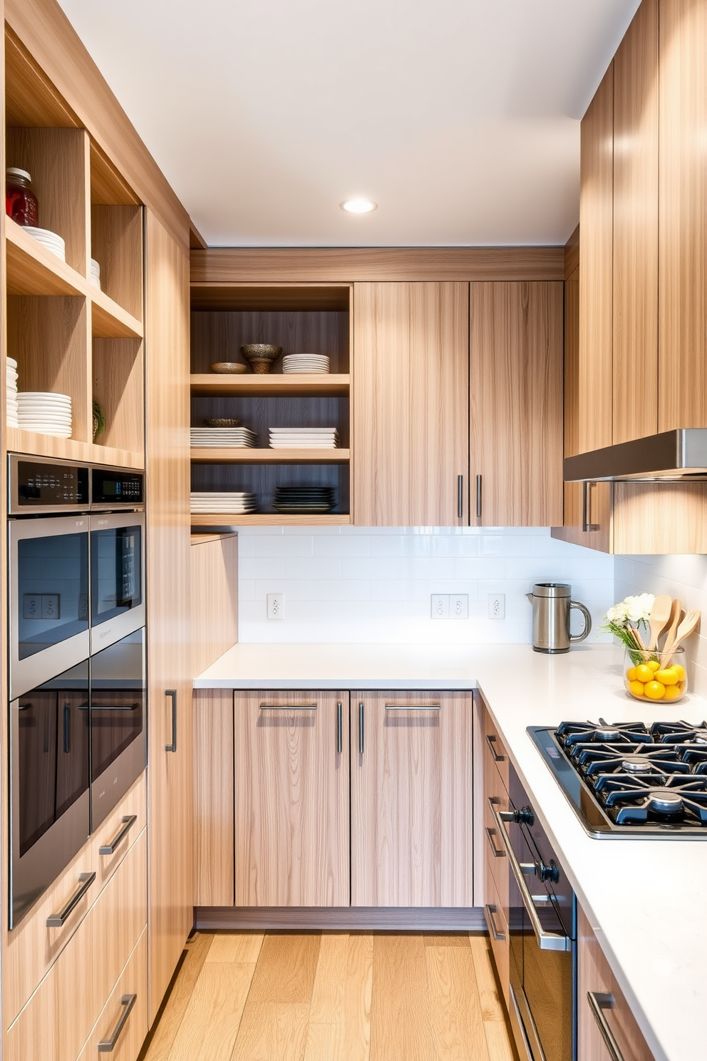 A functional pantry designed for extra storage space features open shelving for easy access to frequently used items. The cabinetry is crafted from natural wood with a light finish, and the pantry is well-lit with recessed lighting to enhance visibility. The L-shaped kitchen design incorporates a spacious island that serves as both a cooking and dining area. Sleek, modern appliances are seamlessly integrated into the cabinetry, creating a streamlined look while maximizing efficiency in the cooking space.