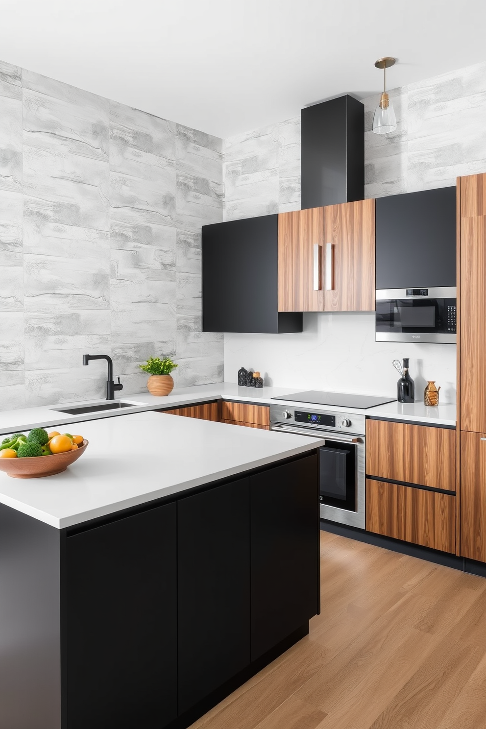 A contemporary L-shaped kitchen featuring textured walls that add depth and visual interest. The cabinetry is sleek and modern, with a combination of matte black and natural wood finishes, and the countertops are a polished white quartz.