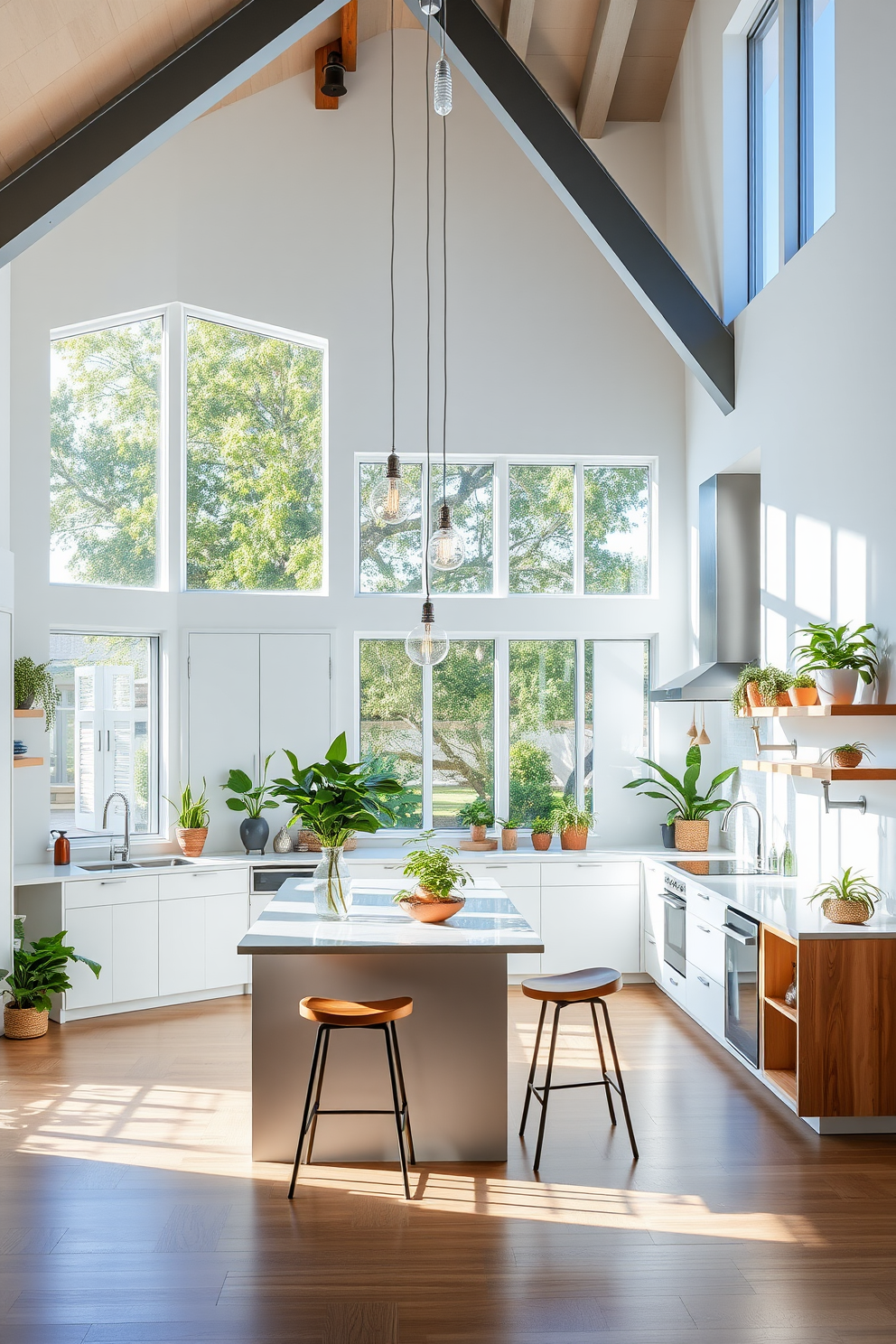 A bright and airy L-shaped kitchen features sleek white cabinetry paired with natural wood accents. Large windows allow ample sunlight to flood the space, enhancing the vibrant green plants placed on the countertops and shelves. The kitchen island serves as a functional focal point, adorned with bar stools for casual dining. Hanging pendant lights illuminate the area, creating a warm and inviting atmosphere while complementing the greenery around.