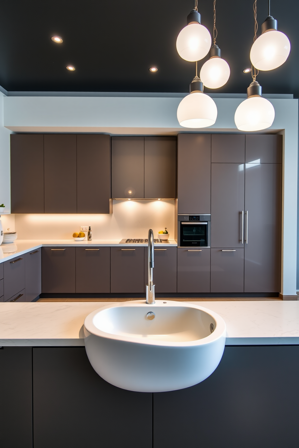 A bright and airy L-shaped kitchen featuring sleek cabinetry in a soft white finish. The countertops are made of polished granite, and a large island with bar seating is positioned at the center, surrounded by natural light from large windows. Mirrors are strategically placed on the backsplash to enhance light reflection and create a sense of spaciousness. The kitchen is adorned with stylish pendant lights that hang above the island, adding a modern touch to the overall design.