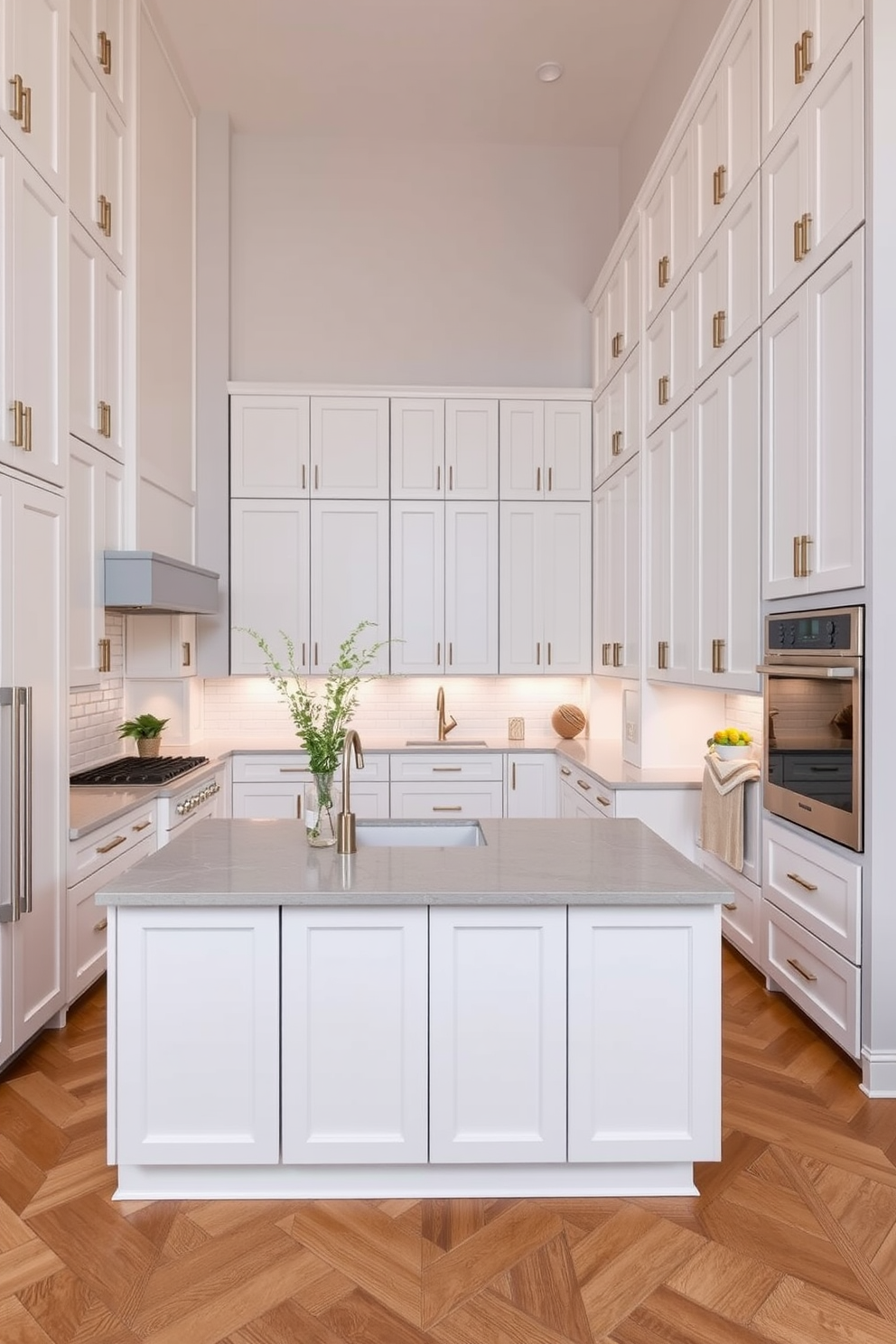 A spacious L-shaped kitchen featuring high ceilings and tall cabinets that provide ample storage. The cabinets are finished in a sleek white with brass hardware, and the countertops are a stunning quartz in a soft gray tone.