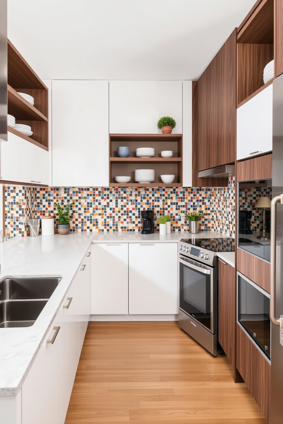 A sleek L-shaped kitchen featuring smart home technology seamlessly integrated into the design. The cabinetry is a glossy white with brushed nickel handles, and the countertops are a durable quartz with subtle veining. State-of-the-art appliances are built into the cabinetry, including a smart refrigerator and a touch-activated induction cooktop. Under-cabinet lighting illuminates the workspace, creating a warm and inviting atmosphere.