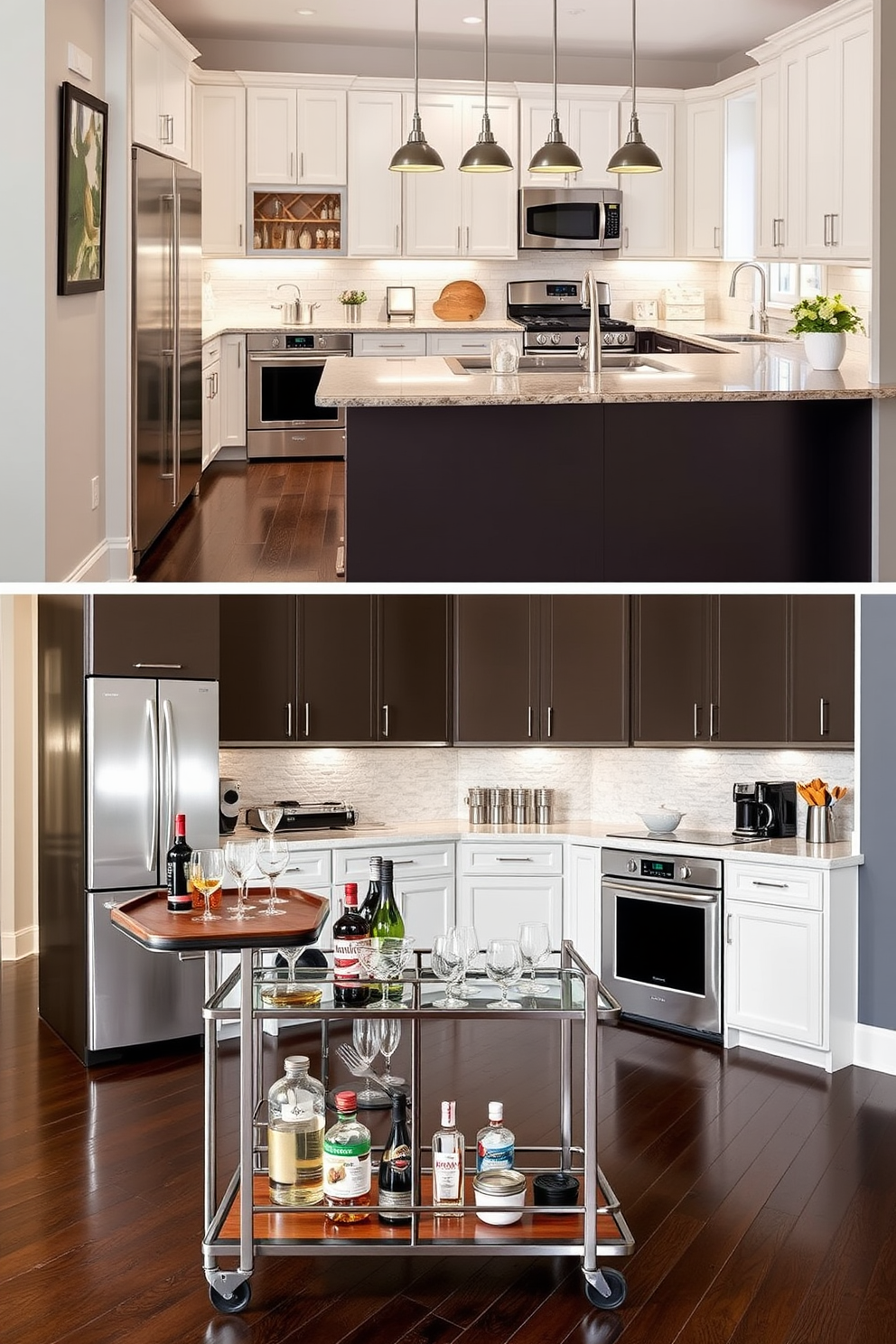 A charming L-shaped kitchen filled with vintage accents. The cabinets are painted in a soft pastel color, complemented by brass hardware and open shelving displaying antique dishware. A farmhouse sink sits beneath a window adorned with lace curtains, while a vintage-style refrigerator adds a nostalgic touch. The countertops are made of reclaimed wood, and a retro dining table with mismatched chairs creates an inviting space for family gatherings.