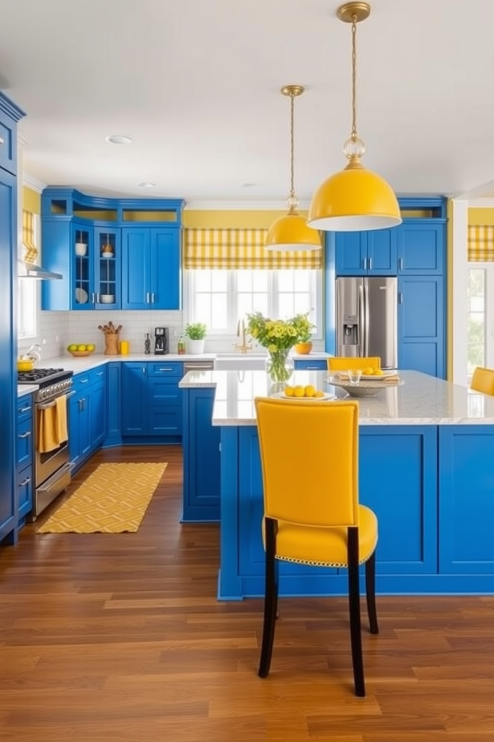 Bright colors for a cheerful ambiance. The kitchen features vibrant blue cabinets paired with sunny yellow accents throughout the space. L-Shaped Kitchen Design Ideas. The layout includes a spacious island with bar seating and an open concept that connects to the dining area.