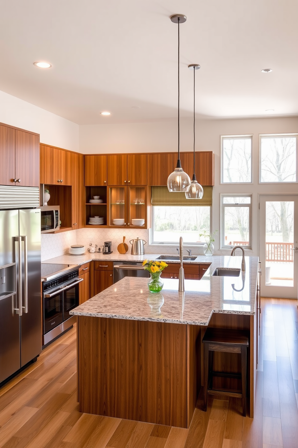 An L-shaped kitchen design that maximizes cooking convenience features an island in the center for additional prep space. The cabinetry is sleek and modern with stainless steel appliances seamlessly integrated into the layout. Natural light floods the space through large windows, illuminating the warm wood tones of the cabinets and the cool granite countertops. Open shelving displays stylish dishware, while pendant lights hang above the island, adding both functionality and aesthetic appeal.