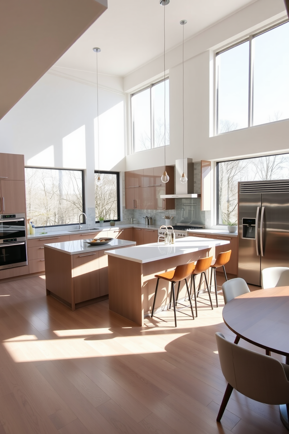 A modern L-shaped kitchen featuring statement light fixtures as focal points. The space includes sleek cabinetry in a deep navy color, complemented by a large island with a white quartz countertop. Above the island, three pendant lights with geometric designs hang, casting a warm glow. The backsplash is a glossy subway tile in a soft gray, enhancing the overall elegance of the kitchen.