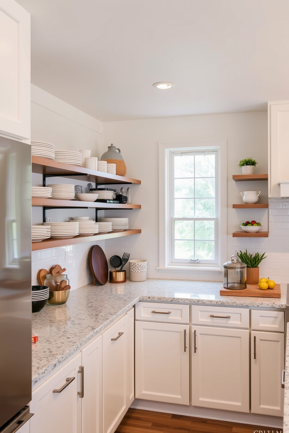 A contemporary L-shaped kitchen featuring open shelving for easy access storage. The shelves are filled with neatly arranged dishware and decorative items, creating a functional yet stylish display.