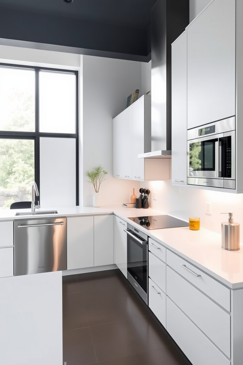 A stylish L-shaped kitchen featuring under-cabinet lighting that creates a warm and inviting atmosphere. The cabinetry is a rich navy blue with sleek brass handles, and the countertops are a stunning white quartz with subtle veining.