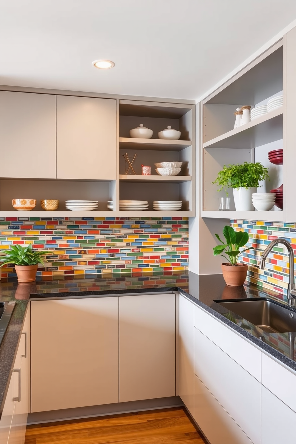 A vibrant backsplash featuring a mix of colorful tiles creates a lively focal point in the L-shaped kitchen. The cabinetry is sleek and modern, with open shelving displaying stylish dishware and decorative plants.