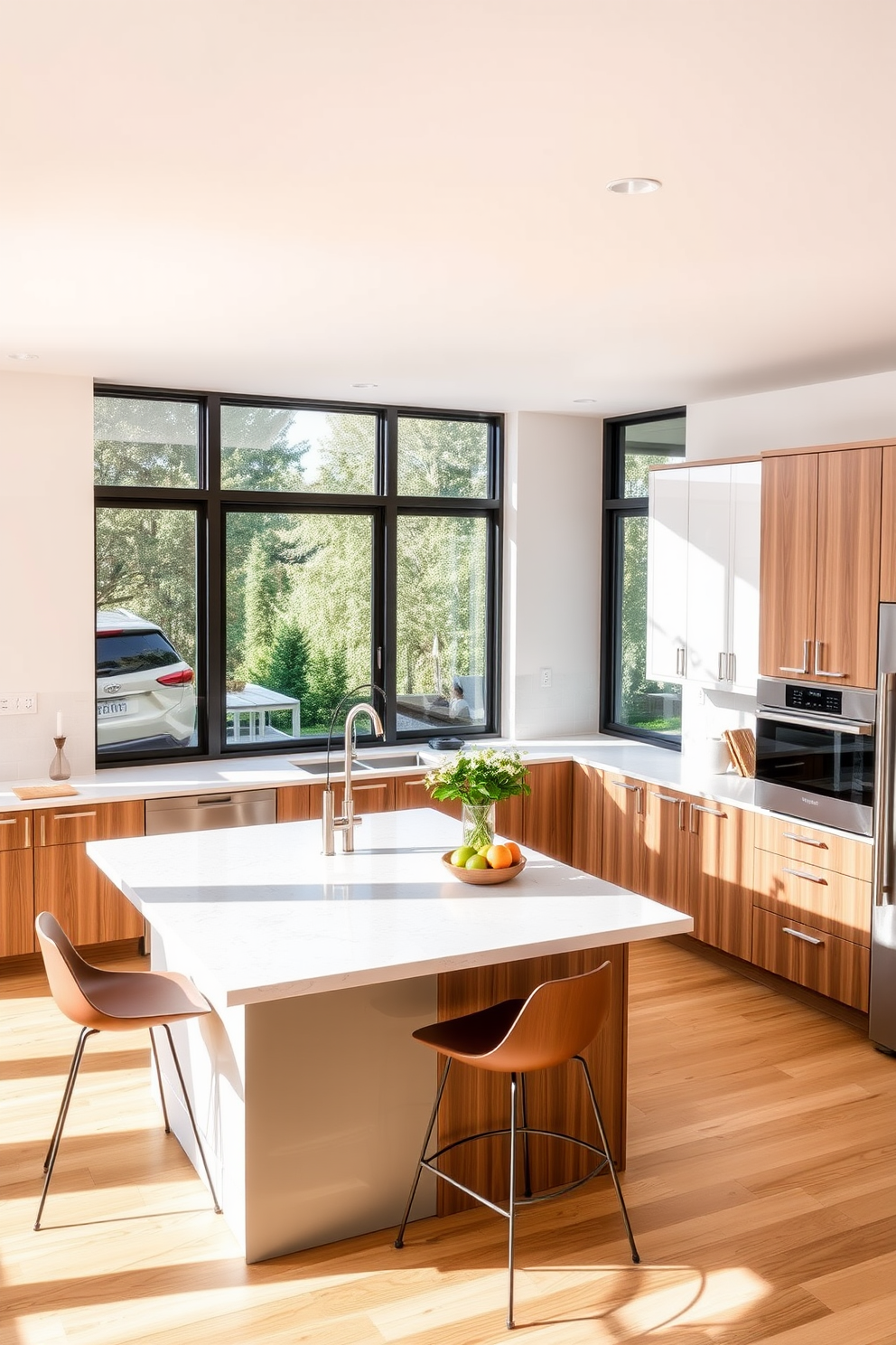 A modern L-shaped kitchen featuring an island with seating for casual dining. The island is topped with a sleek quartz countertop and surrounded by stylish bar stools in a complementary color. The cabinetry is a mix of matte white and natural wood finishes, creating a warm and inviting atmosphere. Large windows allow natural light to flood the space, highlighting the contemporary backsplash and stainless steel appliances.