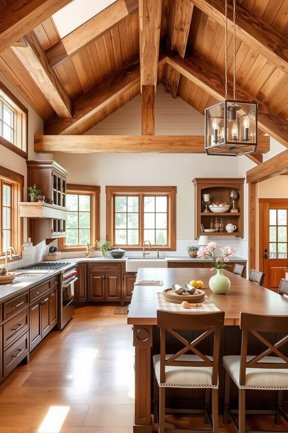 A charming L-shaped kitchen featuring a farmhouse sink with a rustic design. The cabinetry is painted in a soft white, complemented by dark wooden accents and open shelving displaying vintage dishware. The countertops are made of reclaimed wood, adding warmth to the space. Large windows allow natural light to flood in, showcasing a cozy breakfast nook with a wooden table and comfortable seating.