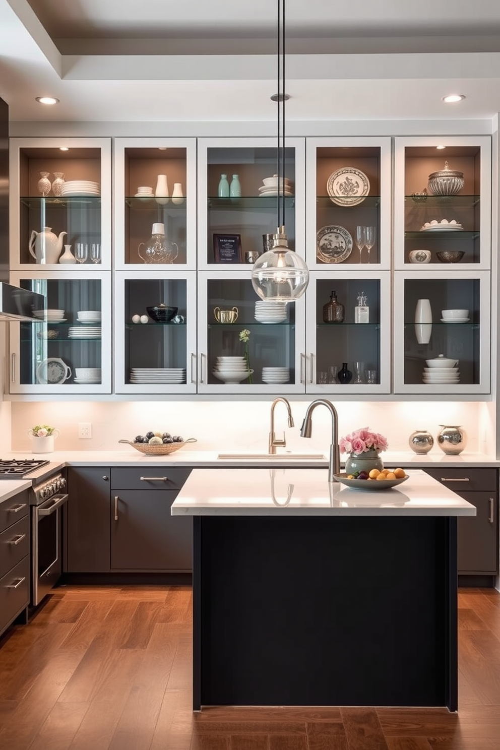 A modern L-shaped kitchen featuring glass-front cabinets for display purposes. The cabinets are filled with elegant dishware and decorative items, creating a visually appealing focal point in the space. The kitchen island is topped with a sleek quartz countertop, providing ample space for meal preparation and casual dining. Pendant lights hang above the island, adding warmth and style to the overall design.