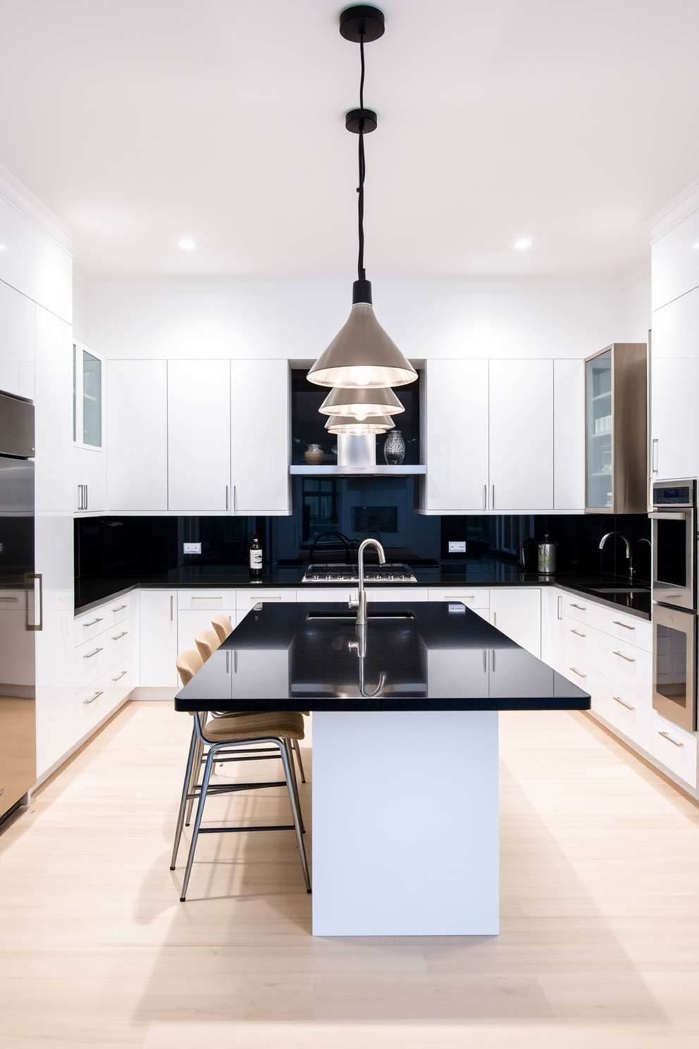 An L-shaped kitchen featuring integrated appliances seamlessly blending into the cabinetry. The countertops are a sleek quartz with a subtle veining pattern, and the backsplash is a glossy white subway tile that reflects light beautifully. The kitchen island offers additional prep space and includes bar seating for casual dining. Warm wood tones in the cabinetry complement the stainless steel appliances, creating a harmonious and inviting atmosphere.