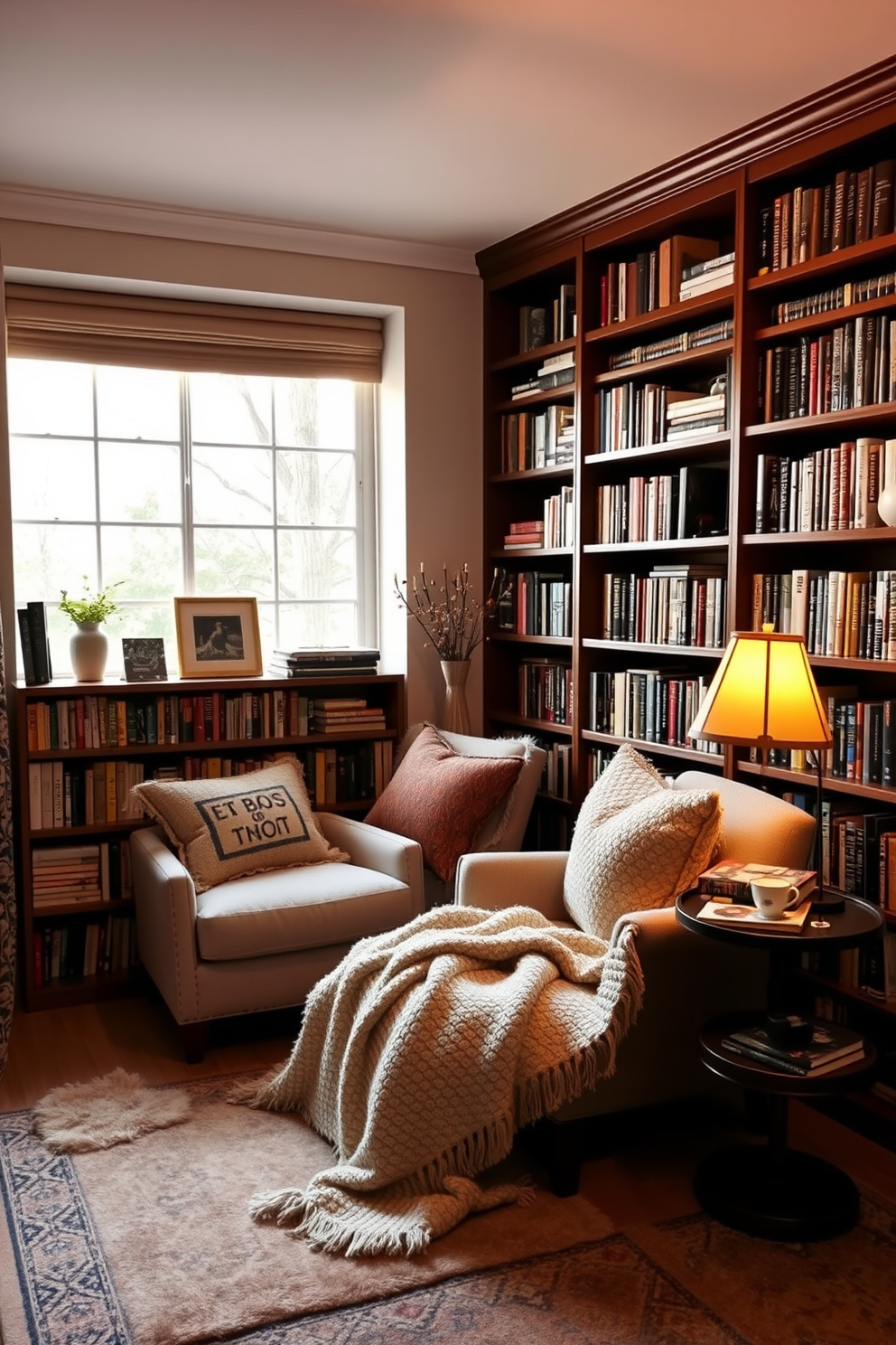 Create a cozy reading nook with plush cushions and a soft throw blanket. A comfortable armchair is positioned near a large window, allowing natural light to fill the space. Surround the nook with bookshelves filled with an array of books and decorative items. Incorporate a small side table for a cup of tea and a warm lamp for evening reading.