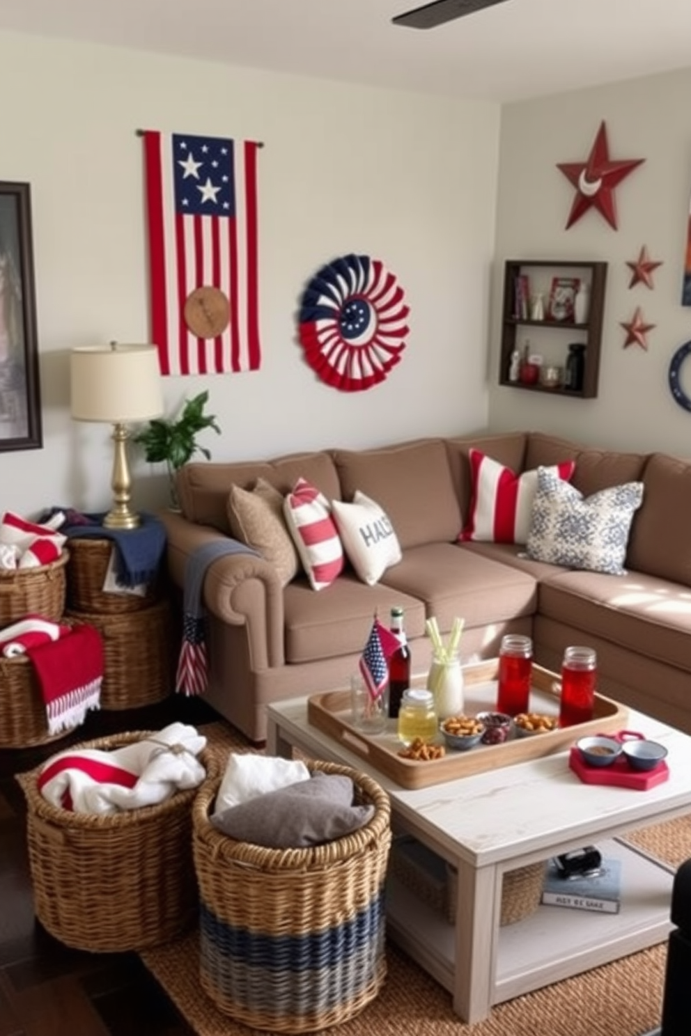 A cozy living room setting designed for a Labor Day celebration. There are woven baskets placed strategically around the room for stylish organization, filled with colorful throw blankets and pillows. The walls are adorned with patriotic decor featuring red, white, and blue accents. A comfortable sectional sofa invites guests to relax, while a coffee table is set with festive snacks and drinks.