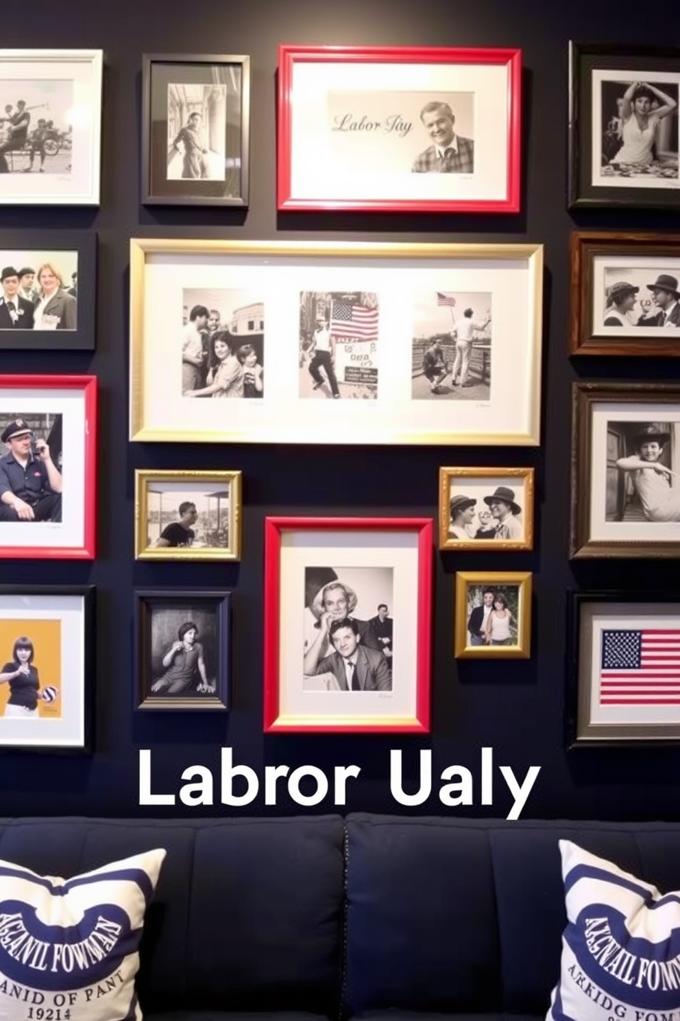 A patriotic-themed wall art gallery featuring an array of framed artworks showcasing the American flag, iconic landmarks, and historical figures. The gallery is arranged in a symmetrical pattern on a light gray wall, with spotlights highlighting each piece. Labor Day apartment decorating ideas include a cozy living room setup with red, white, and blue throw pillows on a neutral sofa. A festive table centerpiece made of seasonal flowers and small American flags adds a celebratory touch to the dining area.