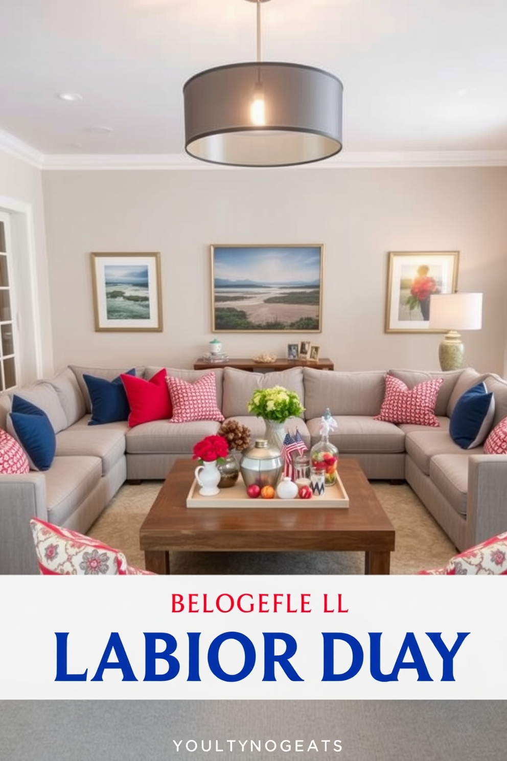 A stylish living room designed for a Labor Day gathering. The space features a large sectional sofa in a soft gray fabric, accented with vibrant throw pillows in red and blue. Above the seating area, a statement light fixture with a modern design hangs, casting a warm glow. The walls are adorned with framed art that reflects the spirit of summer, while a large coffee table in the center holds seasonal decorations and refreshments.