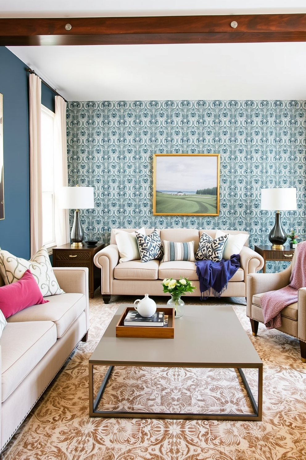 A stylish living room featuring removable wallpaper that adds a pop of color and pattern to the space. The furniture is arranged for comfort, with a cozy sofa and accent chairs that invite relaxation. Decorative pillows and throws complement the wallpaper, creating a cohesive look. A coffee table with a sleek design holds a few curated books and a decorative tray for a personal touch.